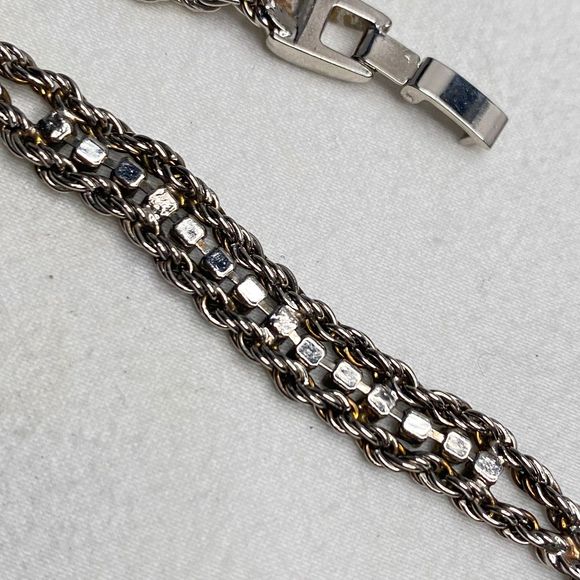 Silver Tone Double Chain Bracelet Sprial Strands Row Of Small Clear Rhinestones - Picture 4 of 11